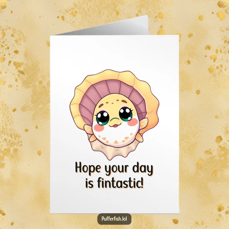 Funny free printable birthday card: A curious pufferfish with wide eyes peeks from behind a large, colorful seashell. Downloadable art.