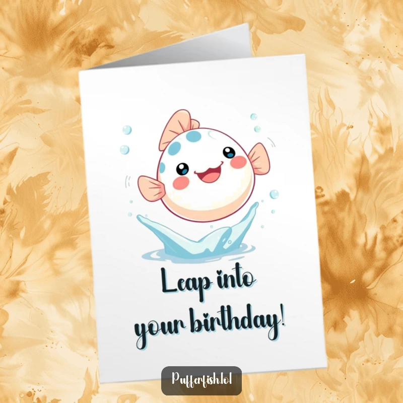 Funny free printable birthday card featuring a Kawaii pufferfish joyfully leaping from a water splash with trailing bubbles.