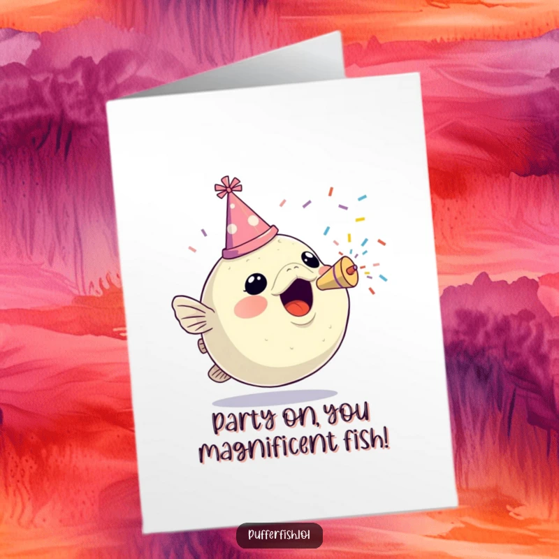 Funny Free Printable Birthday Card: An excited pufferfish in a party hat joyfully blows a confetti popper, showering streamers.