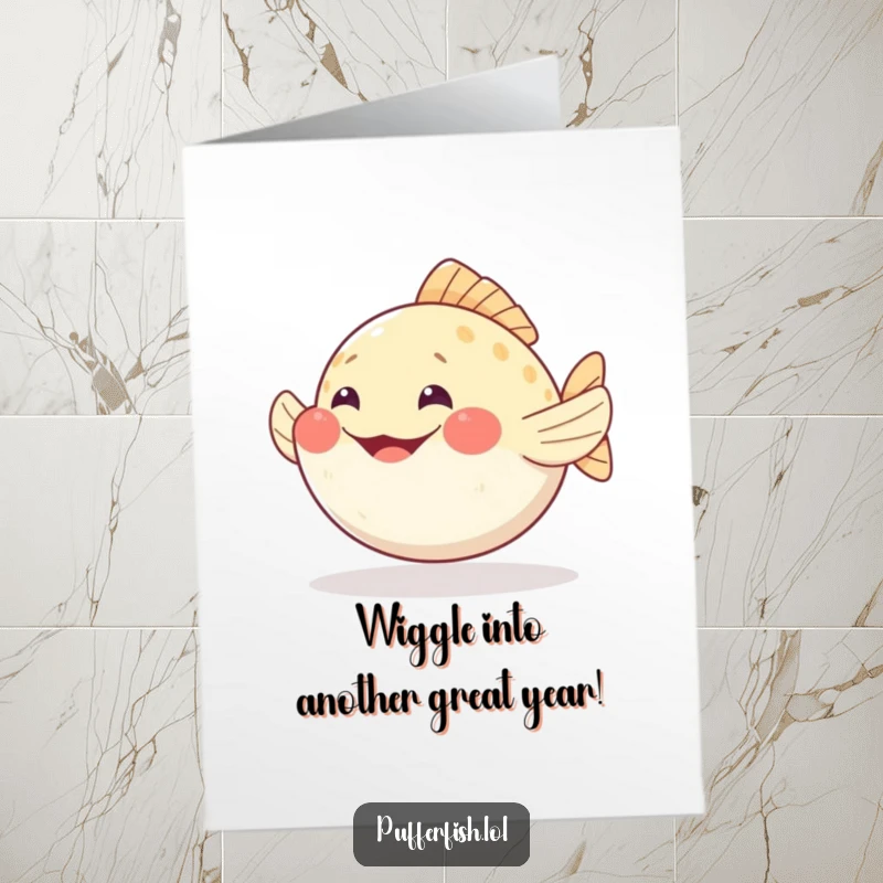 Funny Free Printable Birthday Card: A pufferfish wiggling its fins with a huge, happy grin, ready to celebrate.