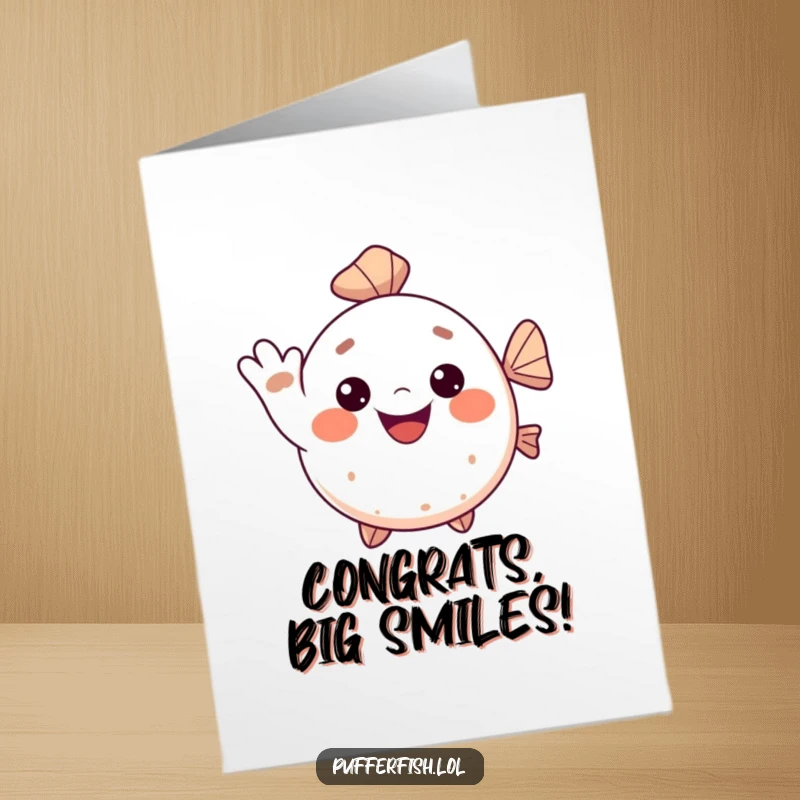 Funny Free Printable Congratulations Card: Kawaii pufferfish with a big smile, giving a cheerful wave to celebrate good news.