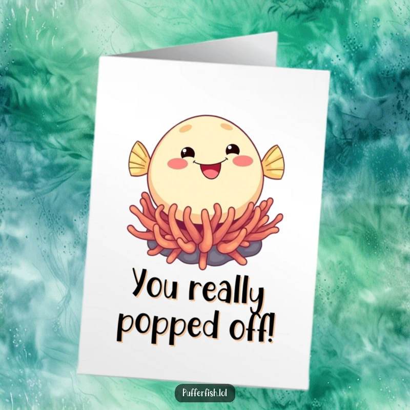 Funny Free Printable Congratulations Card showing a round, smiling pufferfish bouncing excitedly on a colorful sea anemone.