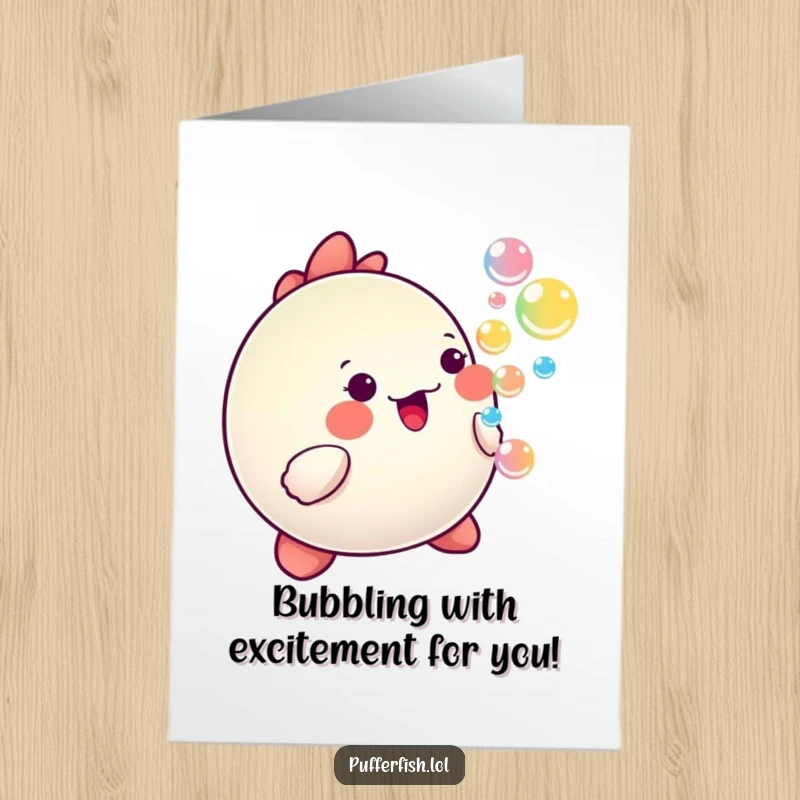 Funny Free Printable Congrats Card: A kawaii pufferfish happily blowing a stream of vibrant, effervescent bubbles, signifying joy and celebration.