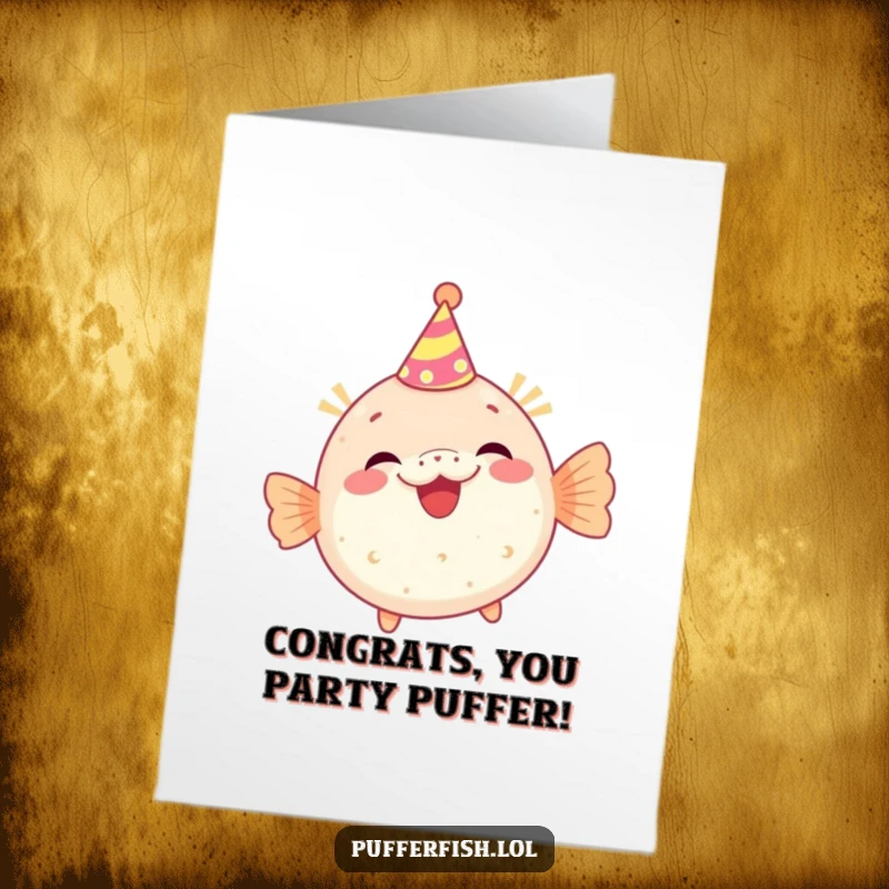 Funny Free Printable Congratulations Card: A pufferfish in a party hat giggles merrily, celebrating achievements with this festive, downloadable art.