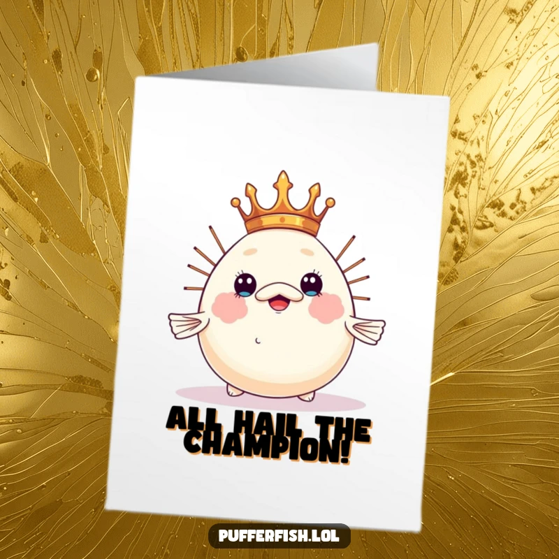 Funny Free Printable Congratulations Card showing a pufferfish precariously balancing a small crown on its inflated head, a DIY gift for winners.