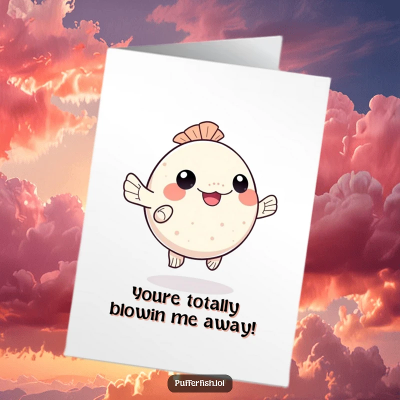 Funny Free Printable Congrats Card: Kawaii pufferfish doing a happy dance with wiggling fins for success.