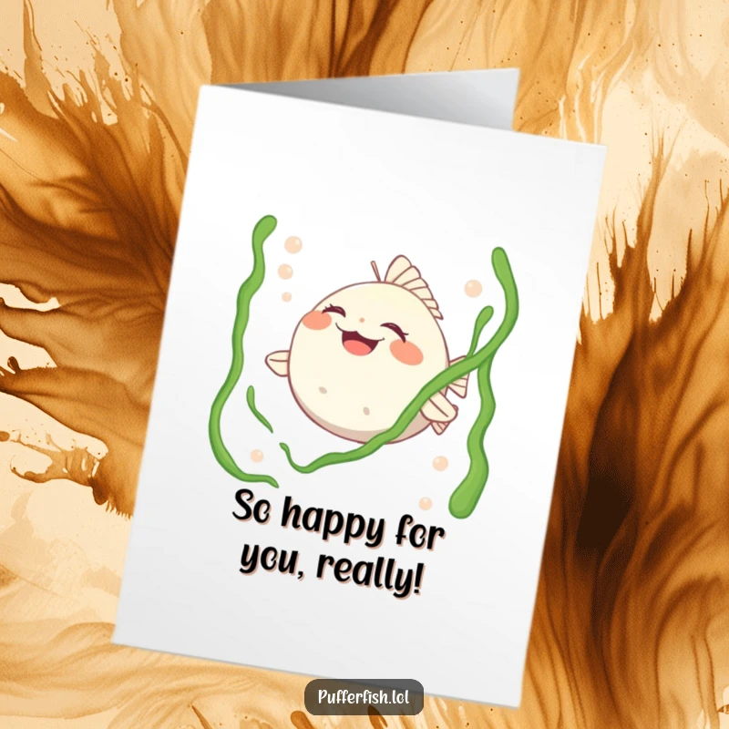 Funny Free Printable Congrats Card: A pufferfish character laughing heartily, tickled by waving strands of seaweed.