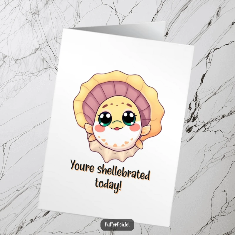 Funny free printable congratulations card: A pufferfish with huge eyes curiously peeks from behind a vibrant seashell. Downloadable.