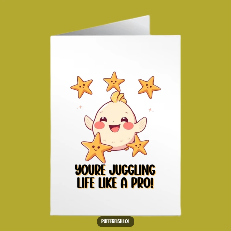Free Printable Congrats Card: Puffy Fish Juggling Starfish - Funny Downloadable Gift