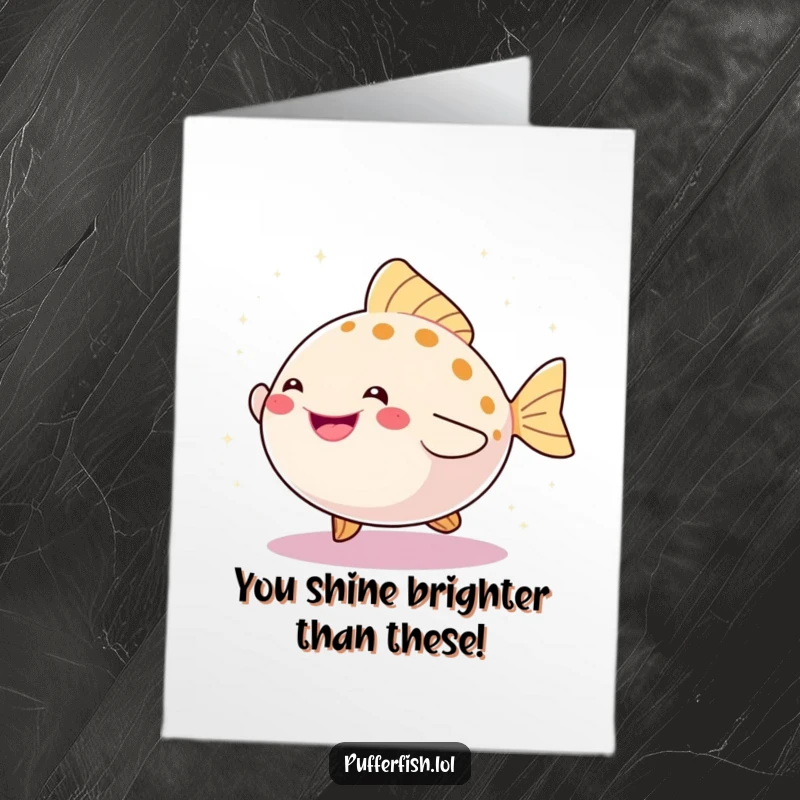 Funny Free Printable Congratulations Card showing a happy pufferfish doing a celebratory dance amidst a shower of bright sparkles.
