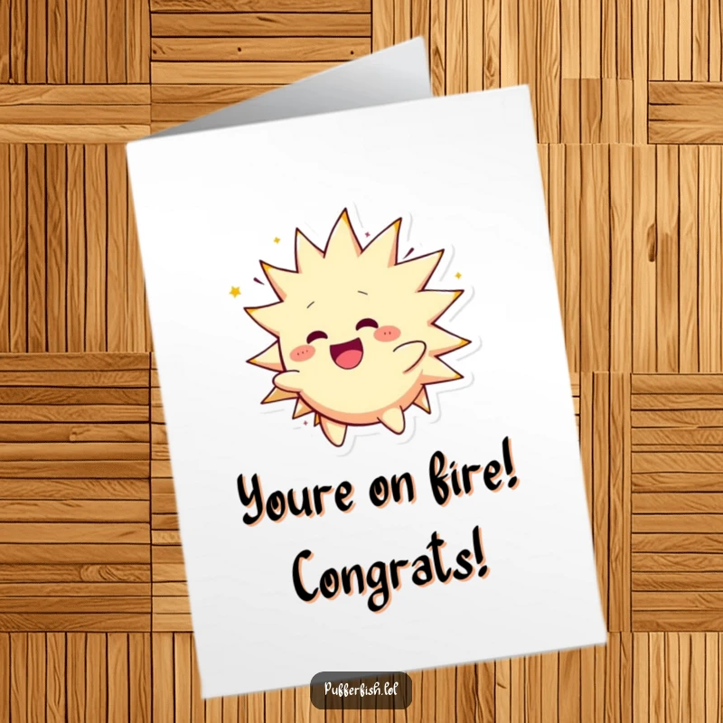 Funny Free Printable Congratulations Card: A spiky character is depicted inflating and energetically spinning around in celebration.