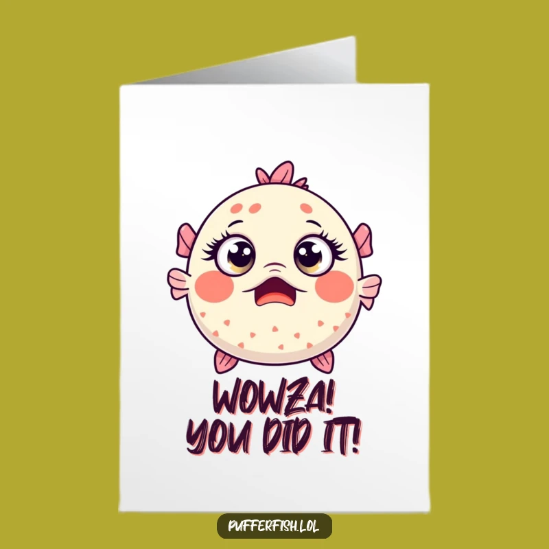 Free Printable Congrats Card: Surprised Kawaii Pufferfish, Funny Downloadable Gift