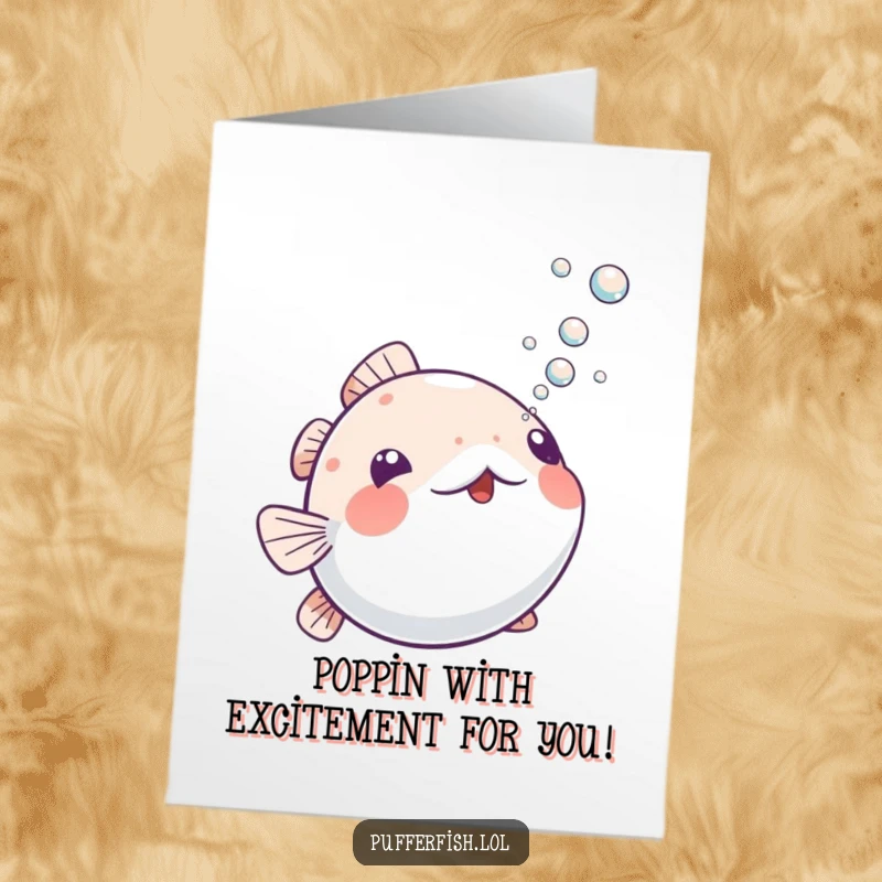 Funny Free Printable Congratulations Card: A playful pufferfish joyfully blowing tiny bubbles upwards, celebrating achievements with effervescence.