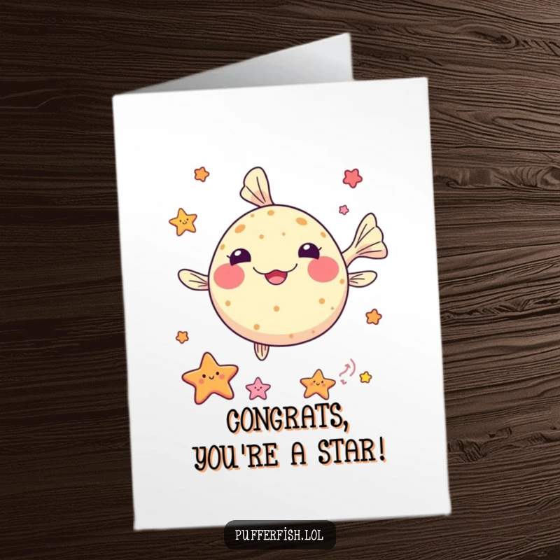 Funny Free Printable Kawaii Pufferfish Congratulations Card, juggling sea stars with pride.