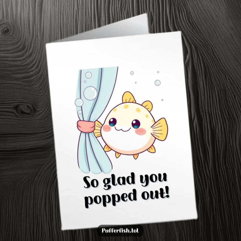 Funny Free Printable Congratulations Card: Kawaii pufferfish peeking playfully from behind bubbly curtains, celebrating success.