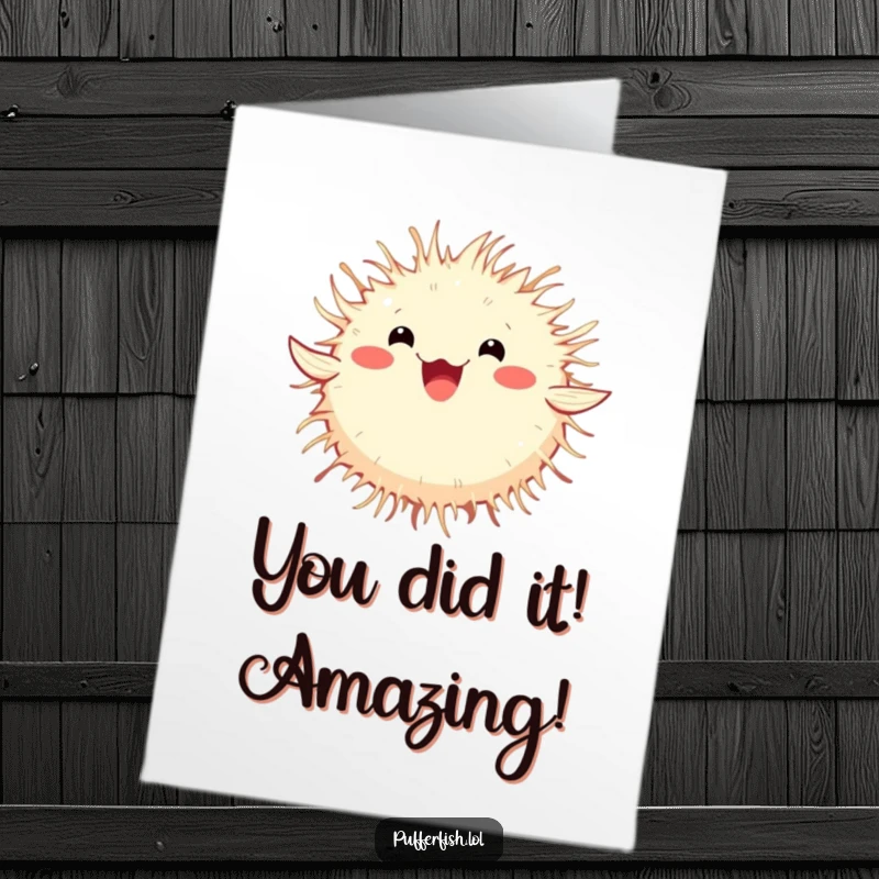 Funny Free Printable Congratulations Card: A fluffy pufferfish in a happy spinning motion, perfect for cheering someone on.