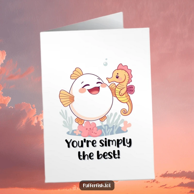 Funny Free Printable Congratulations Card: A cute pufferfish gleefully giggling as a seahorse tickles it, celebrating good times.