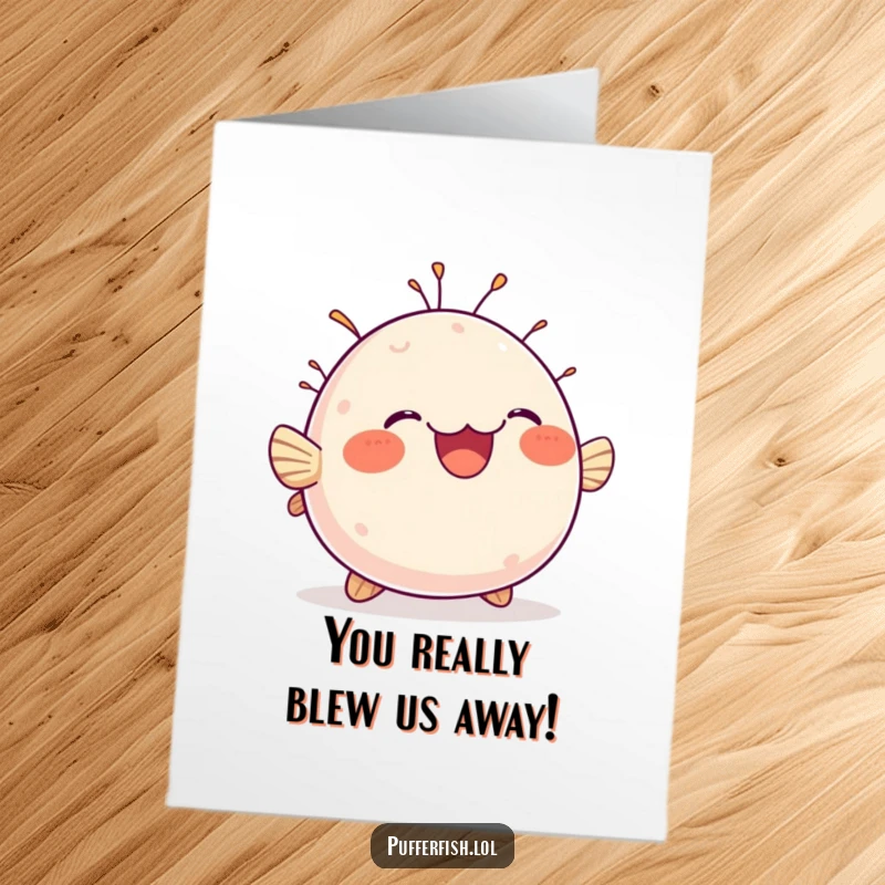 Funny Free Printable Congratulations Card showing a chubby pufferfish bobbing joyfully with a delighted expression.