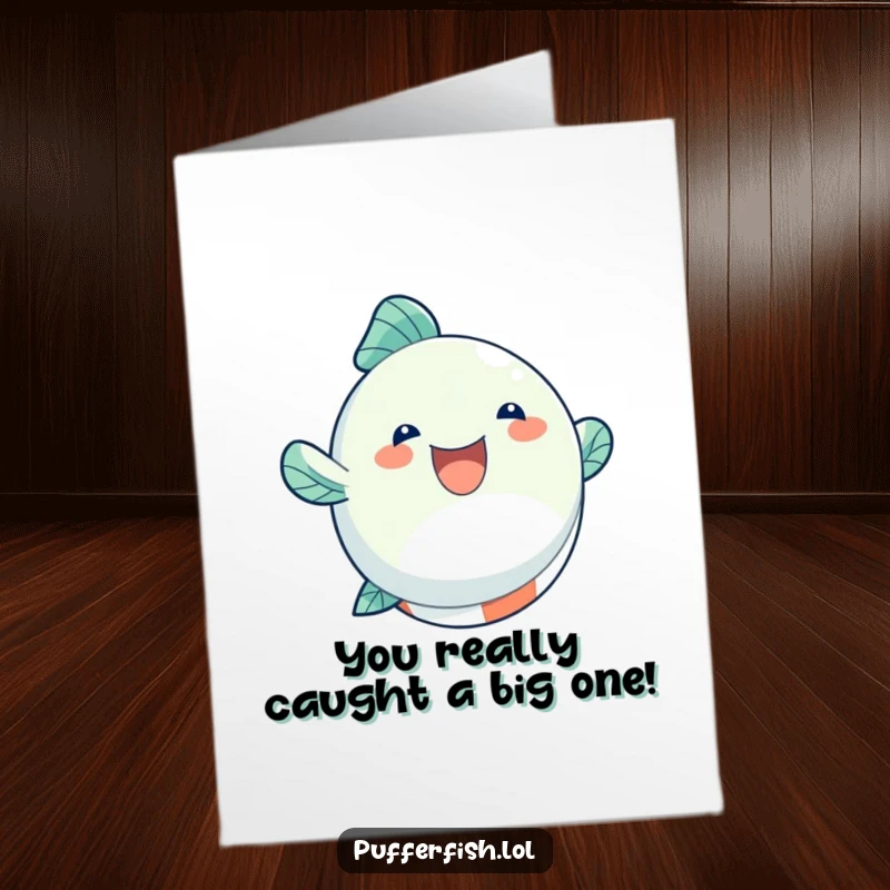Funny Free Printable Congrats Card: A round, inflated fish character happily bouncing on a beach ball, perfect for celebrating achievements, downloadable art.