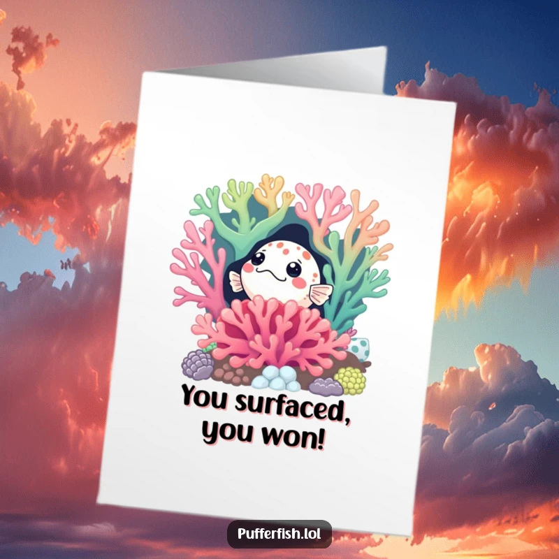 Funny Free Printable Congratulations Card: A curious pufferfish peeking from a colorful coral reef, celebrating a significant discovery or achievement.