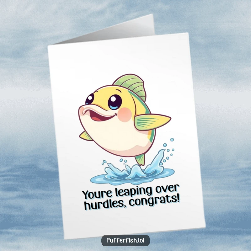 Funny Free Printable Congratulations Card: A cheerful fish character with wide, happy eyes is captured mid-leap out of the water.