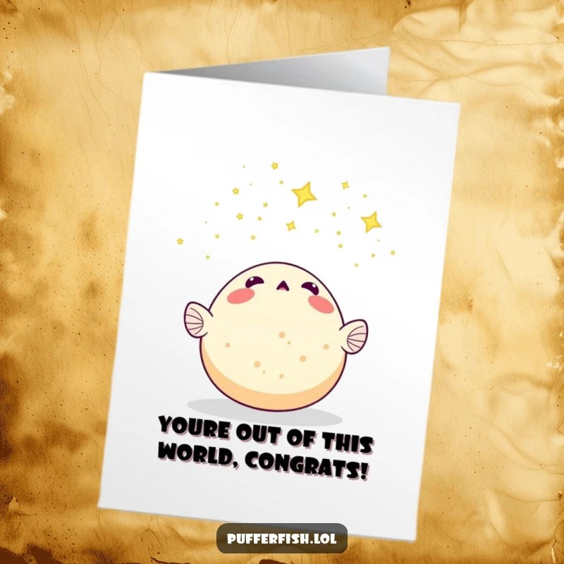 Funny Free Printable Congratulations Card: Awed pufferfish looking up at a meteor shower of stars, celebrating a win.