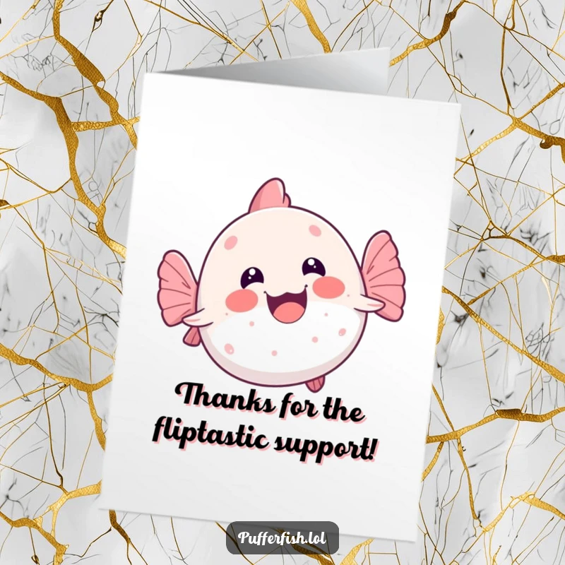 Funny Free Printable Thank You Card: Kawaii pufferfish doing a hilarious wobbly swim on its back, showing appreciation.