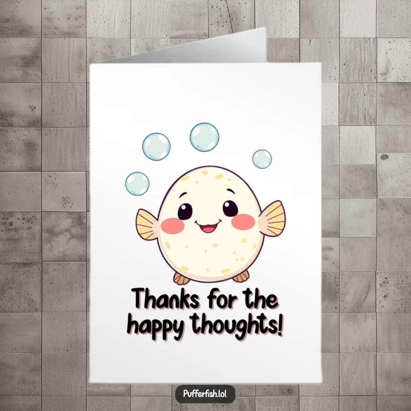 Funny Free Printable Thank You Card: A cute pufferfish character with a cheerful grin, juggling tiny bubbles to express thanks.
