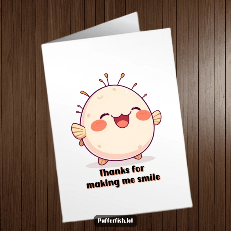 Funny Free Printable Thank You Card featuring a chubby pufferfish bobbing joyfully with a delighted expression, sending thanks.