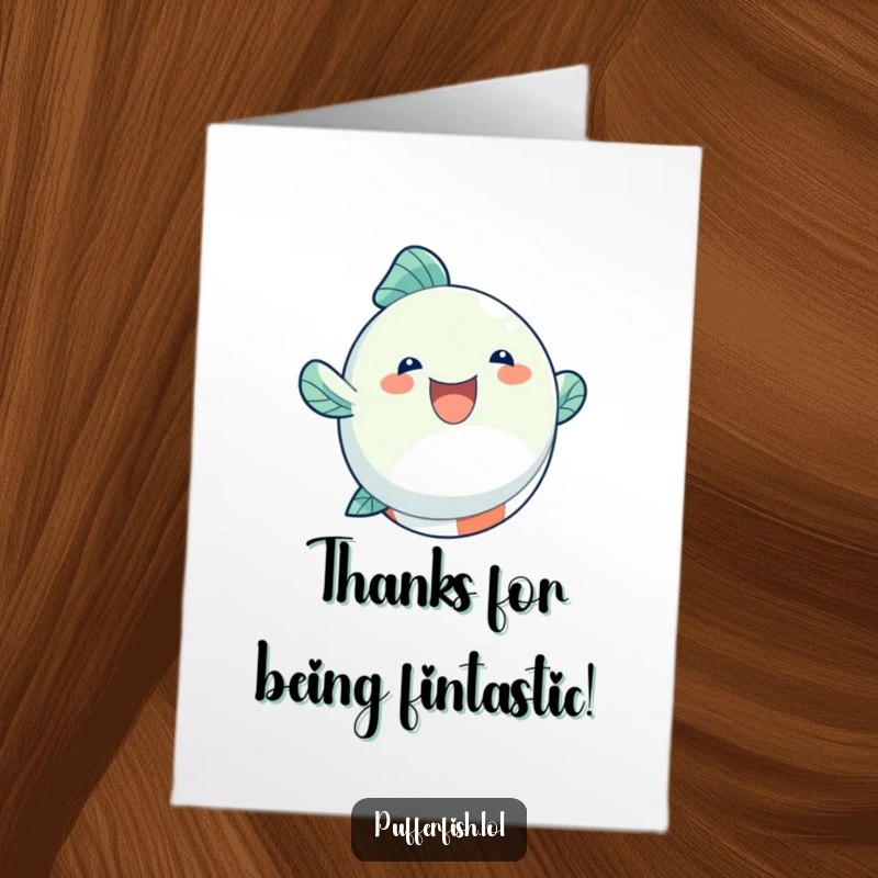 Funny Free Printable Thank You Card: Round fish character joyfully bouncing on a beach ball, a fun and humorous way to say thank you, DIY gift.