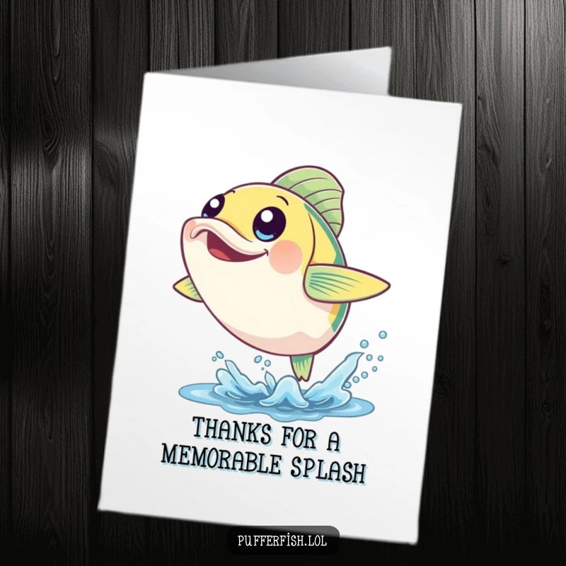 Funny Free Printable Thank You Card: A cheerful fish with big, happy eyes leaps from the water expressing heartfelt thanks.