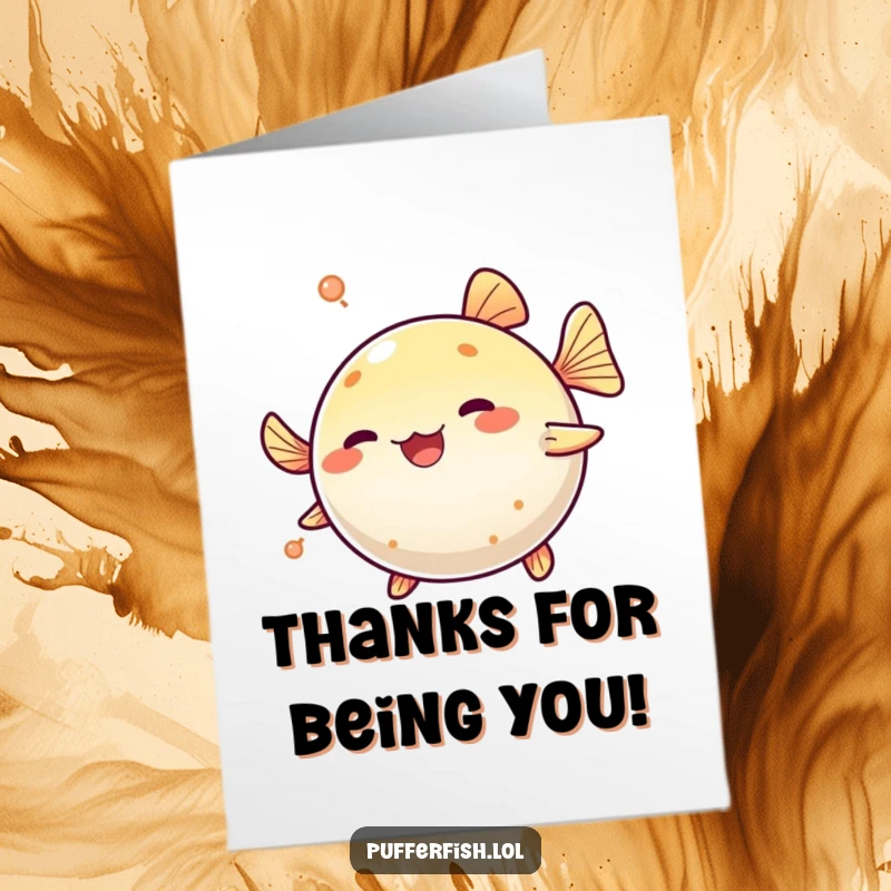 Funny Free Printable Thank You Card with a pufferfish spinning delightedly, sending a bubbly wave of thanks.
