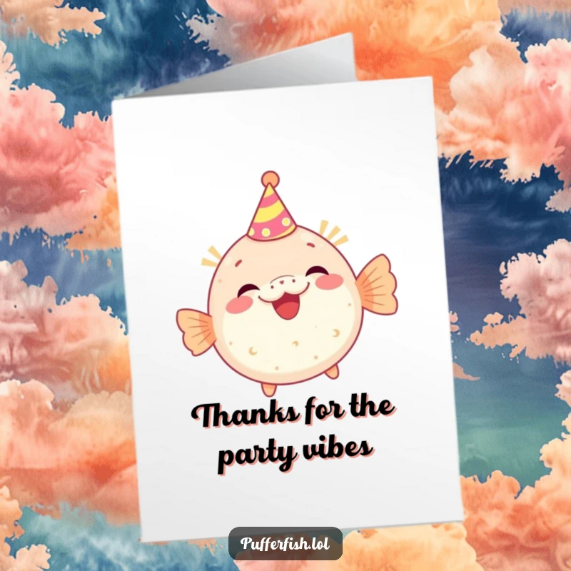 Funny Free Printable Thank You Card: A pufferfish wearing a tiny party hat giggles, conveying thanks with this printable and humorous design.