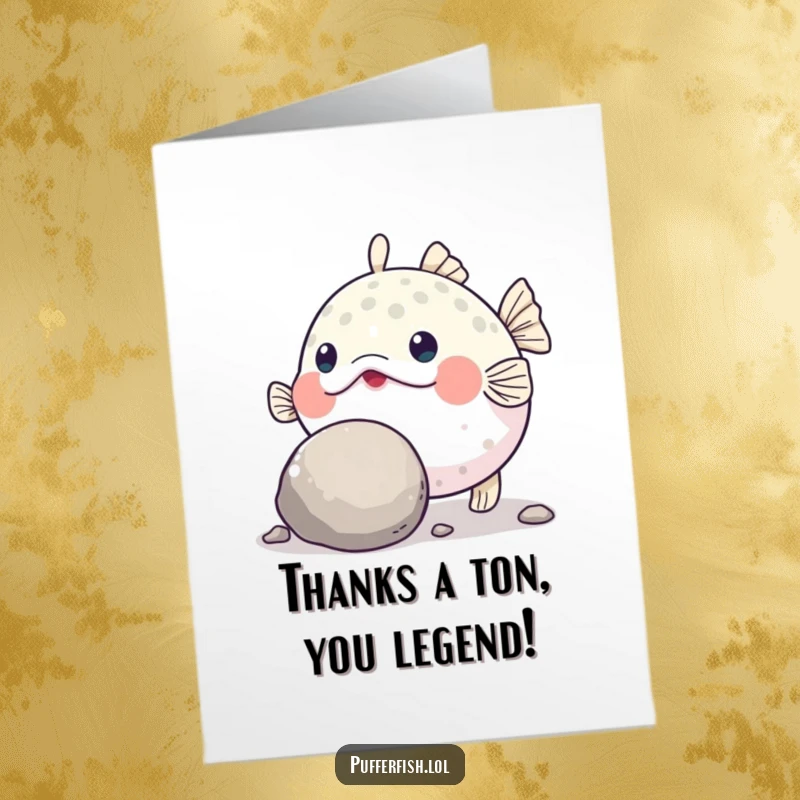 Funny Free Printable Thank You Card: A dedicated pufferfish puts all its might into pushing a large pebble, expressing thanks with comical effort.