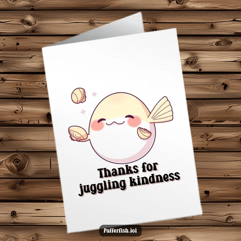 Funny Free Printable Thank You Card with a pufferfish juggling seashells, a unique way to say thanks via DIY gifting.
