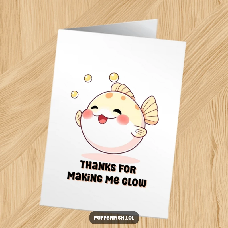 Funny Free Printable Thank You Card showcasing a happy pufferfish skillfully juggling pearls, a unique way to say thanks.