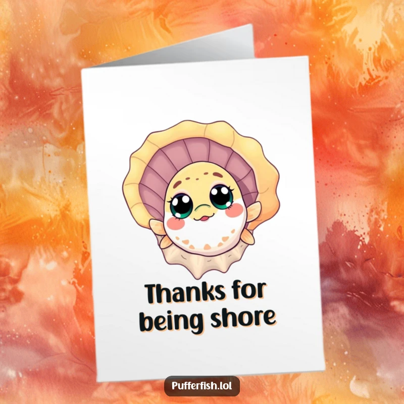 Funny free printable thank you card: A curious pufferfish with wide eyes peeks from a large seashell. Unique DIY gift.
