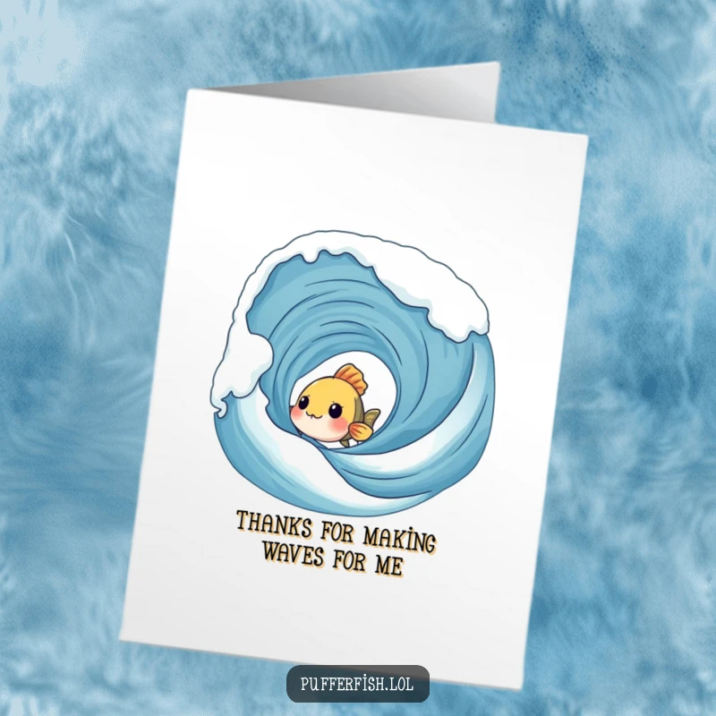 Funny Free Printable Thank You Card: A timid fish curiously peeks from behind a huge, bubbly wave, sending thanks.