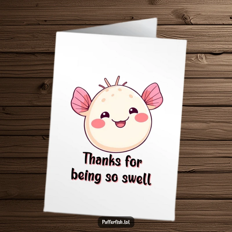 Funny Free Printable Thank You Card: Kawaii pufferfish waving fins with a silly, happy smile, saying thank you.