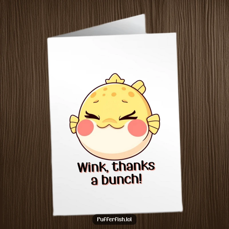 Funny Free Printable thank you card of a pufferfish with puffed cheeks, giving a mischievous wink to express thanks.