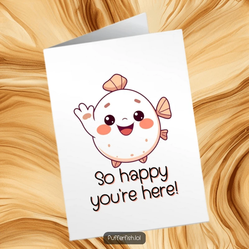 Funny Free Printable Thank You Card: Kawaii pufferfish with a big smile giving a cheerful wave, perfect for a friendly thank you.