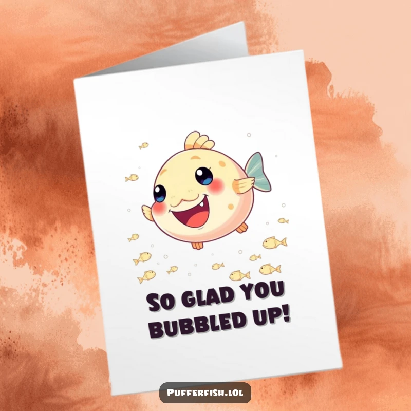 Funny Free Printable Thank You Card: A happy pufferfish joyfully chases tiny fish, symbolizing effervescent gratitude and appreciation.
