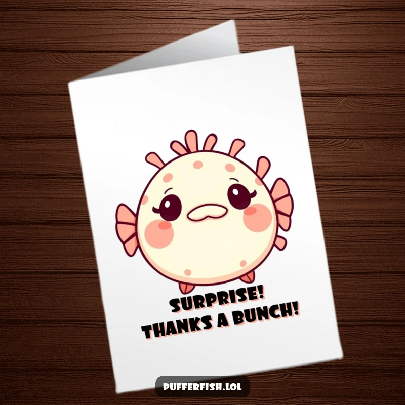 Funny Free Printable Thank You Card: Kawaii pufferfish looking surprised with a mischievous grin, perfect for a subtly humorous thank you.