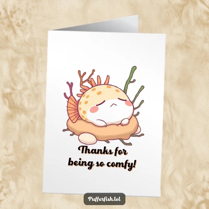 Funny Free Printable Thank You Card: Content pufferfish napping on seaweed, a serene thank you card.