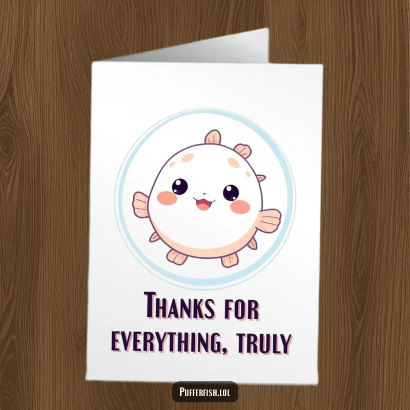 Funny Free Printable Thank You Card with a cute pufferfish peeking from behind a bubble, conveying a shy, heartfelt thanks.