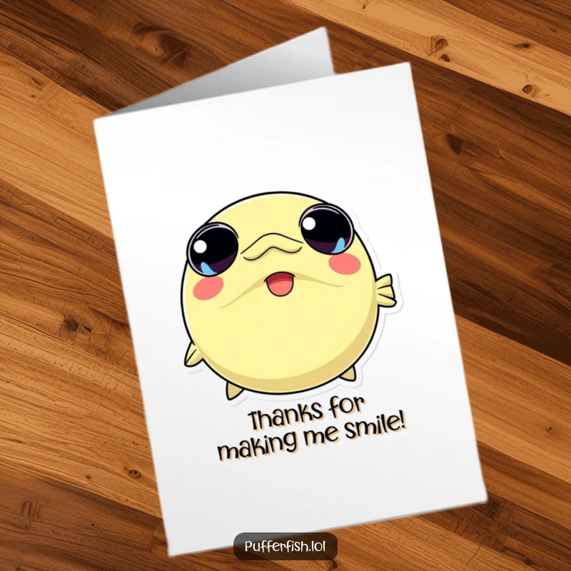 Funny Free Printable Thank You Card: A kawaii pufferfish character inflating with gratitude, eyes wide with appreciation.