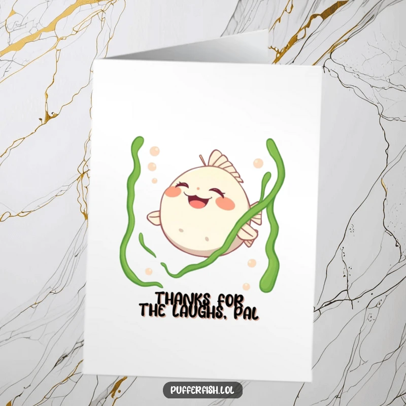 Funny Free Printable Thank You Card: A pufferfish character laughing heartily, being tickled by green seaweed strands.