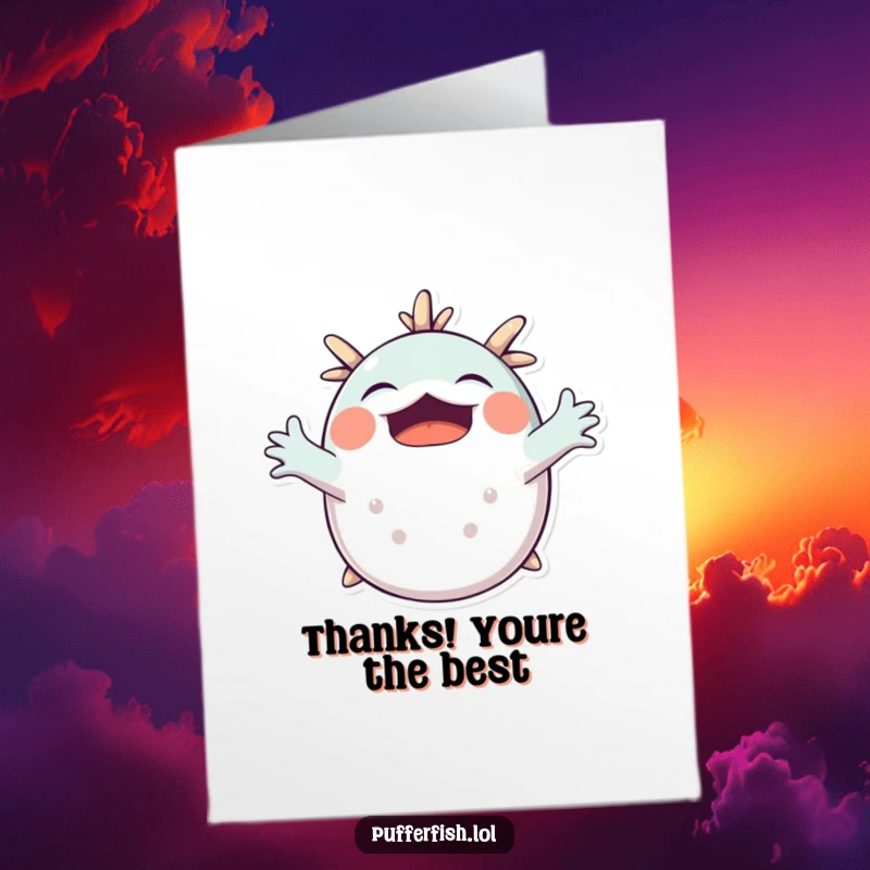 Funny Free Printable Thank You Card featuring a pufferfish stretching its arms in a huge yawn, conveying relaxed thanks.