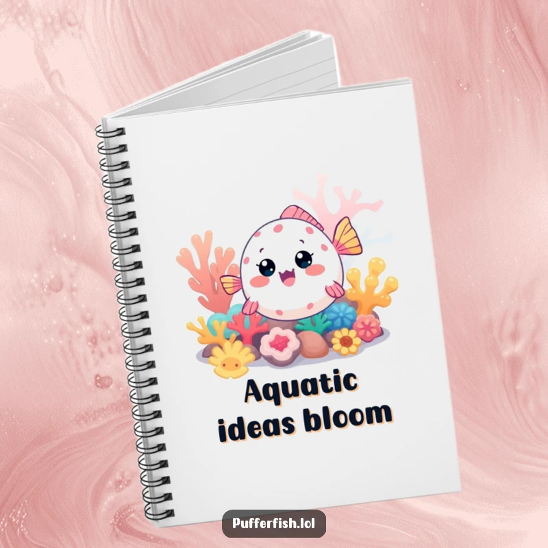 Funny Kawaii pufferfish notebook, a cute fish excitedly exploring a colorful coral reef, ideal for jotting down notes and ideas.