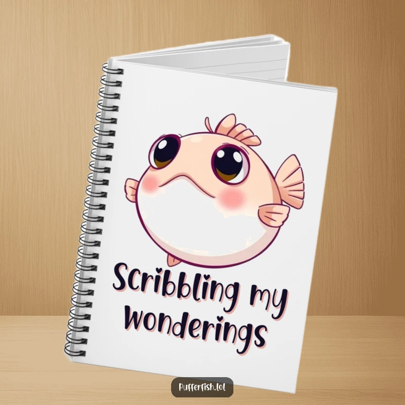 Funny pufferfish notebook with wide, curious eyes looking around, a thoughtful journal for notes and observations.